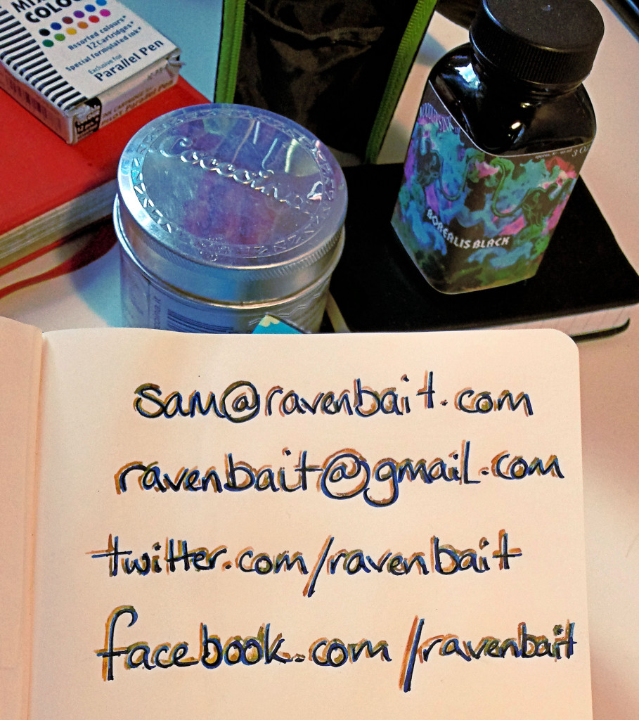 Email, twitter and facebook contact details for Sam Fleming, ravenbait written in a notebooks in colourful letters. Details replicated in main text.