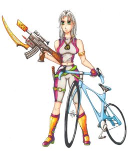 An animê-style version of the author steadying a bicycle in one hand and wielding a massive, futuristic anti-terrible driver weapon in the other
